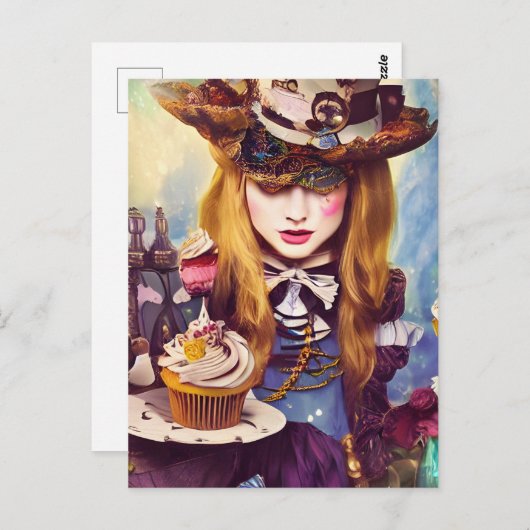 Steampunk Alice mit Cupcakes Postkarte (Vorne/Hinten)