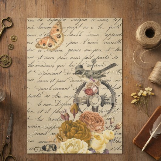 Steampunk Alter Viktorianischer Decoupage Bird Vin Seidenpapier
