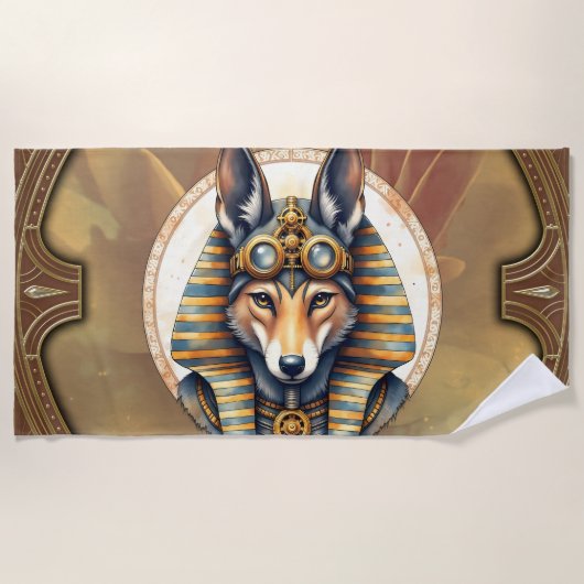 Steampunk Anubis Fox Portrait Strandtuch (Vorderseite)