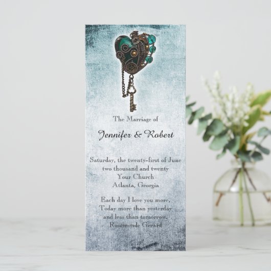Steampunk Aquamarin Heart Wedding Program Programm (Stehend Vorderseite)