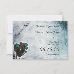 Steampunk Aquamarin Heart Wedding Save the Date