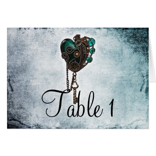 Steampunk aquamarines Herz-Wedding Tischnummer (Vorderseite (Horizontal))