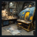 Steampunk Artist Submarine Studio Chaos Fotodruck<br><div class="desc">A dimly lit, riveted submarine-like chamber serves as an overflowing artist's sanctuary. A large easel displays an unfinished portrait while every surface groans under jars of paint, brushes, old books, mechanical oddities, and half-finished canvases. Warm lanterns and hanging bulbs throw golden pools across a cluttered workbench and paint-splattered drop cloth,...</div>