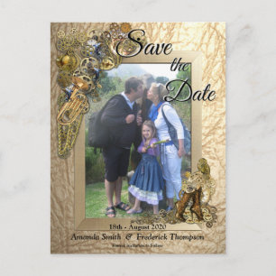 Steampunk auf goldenem Leder Save-the-Date-Karte Ankündigungspostkarte