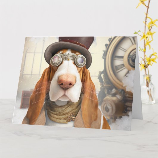 Steampunk Basset Hound Karte (Gelbe Blume)