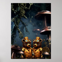 Steampunk Bears in Clockwork Forest Fantasy Art Poster