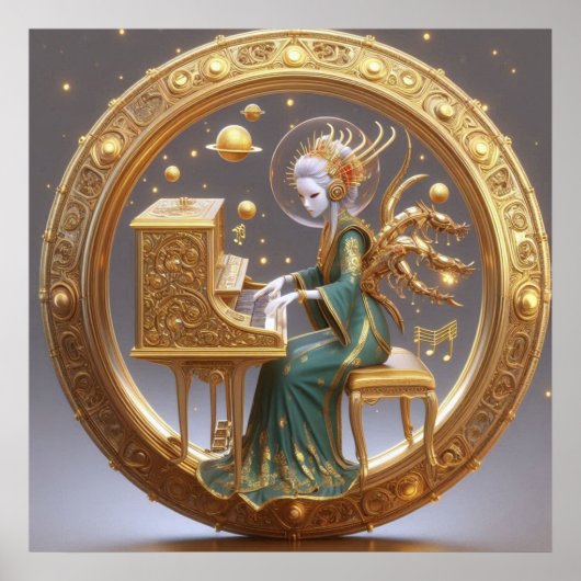 Steampunk Beautiful Space Alien Klavier spielen Poster (Vorne)