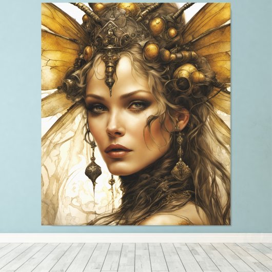Steampunk Bee Insect Woman Tapestry Leinwanddruck (Insitu (Holzboden))