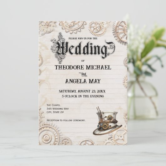 Steampunk Beige Personalized Wedding Invitation Einladung (Stehend Vorderseite)