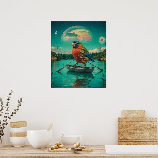 Steampunk Bird Rowing Surreal Lake Kosmic Poster (Küche)