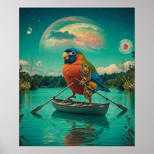 Steampunk Bird Rowing Surreal Lake Kosmic Poster (Vorne)