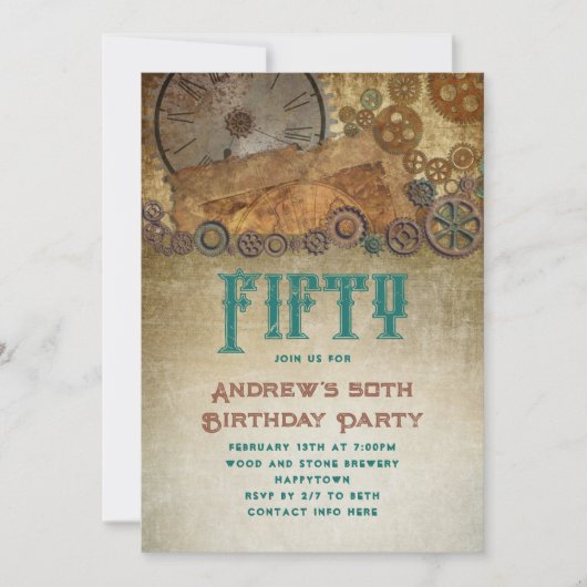 Steampunk Birthday Party Old Paper Gears Einladung (Vorderseite)