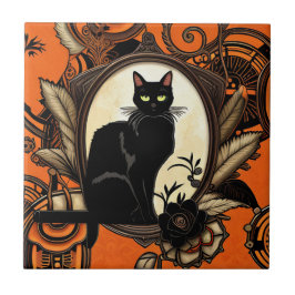 Steampunk Black Cat Halloween Fliese