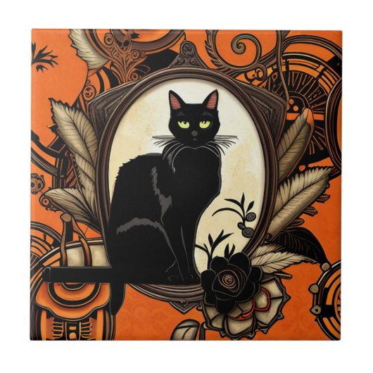 Steampunk Black Cat Halloween Fliese (Vorderseite)