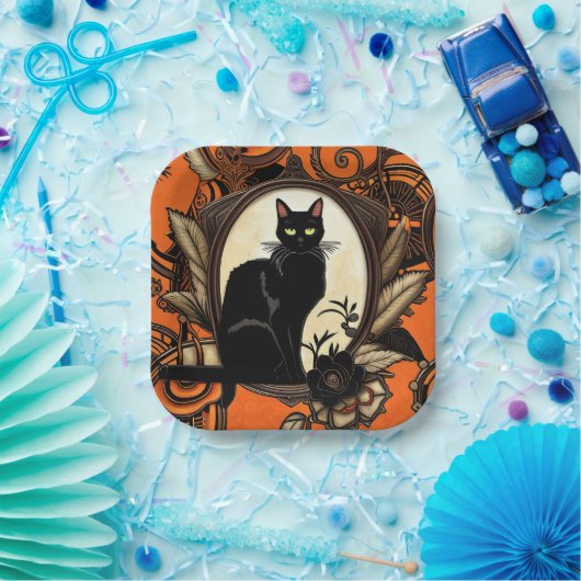 Steampunk Black Cat Halloween Pappteller (Party)