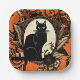 Steampunk Black Cat Halloween Pappteller