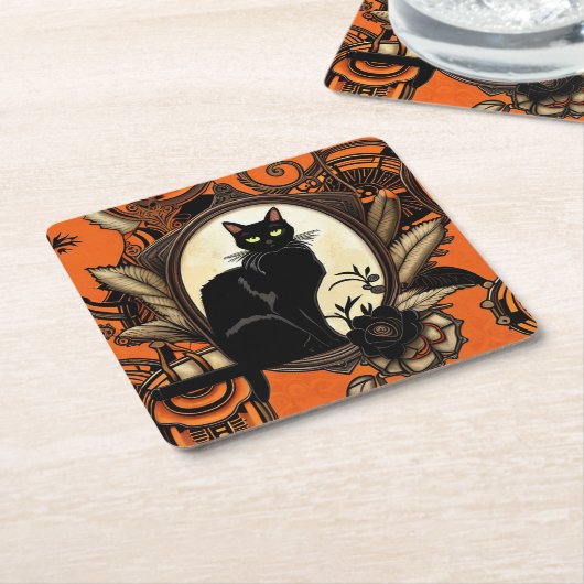 Steampunk Black Cat Halloween Rechteckiger Pappuntersetzer (angewinkelt)
