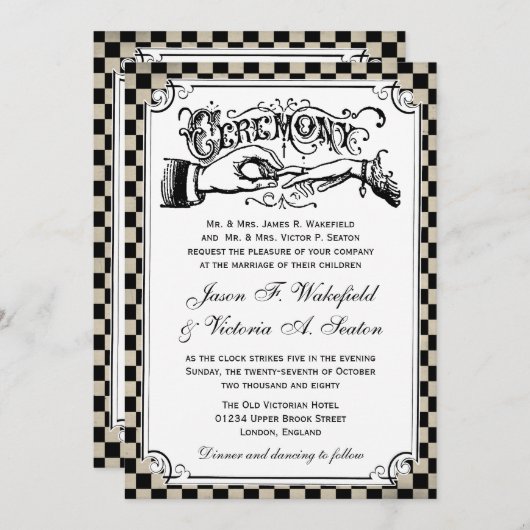 Steampunk Black Checkerboard Hochzeitsreisen Einladung (Vorne/Hinten)