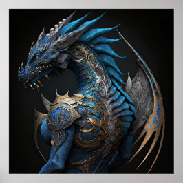 Steampunk-Blauer Drache mit Metallflügeln AI Art Poster