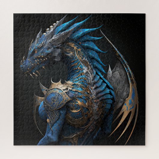 Steampunk-Blauer Drache mit Metallflügeln AI Art Puzzle (Vertikal)