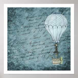 Steampunk Blue Vintage Writing Hot Air Balloon Poster
