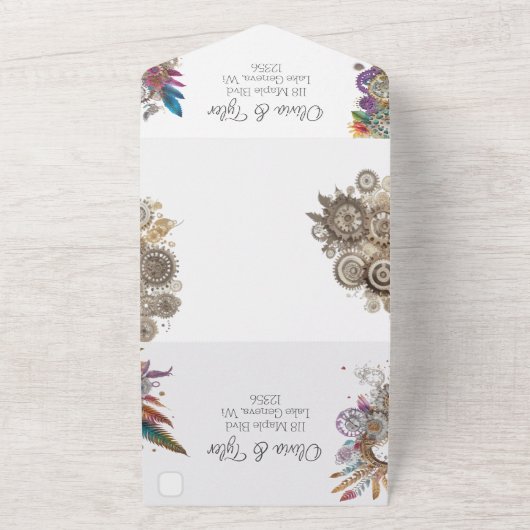 Steampunk, Blume und Feathers Wedding All In One Einladung (Außenbereich)