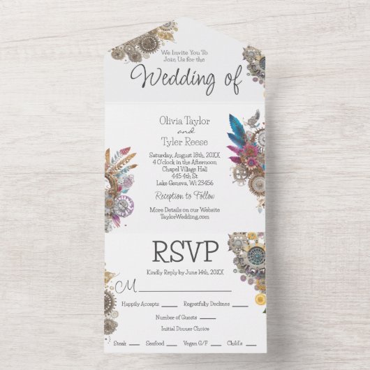 Steampunk, Blume und Feathers Wedding All In One Einladung (Innen Boden)
