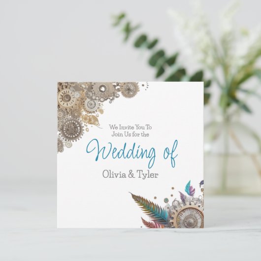 Steampunk, Blume und Feathers Wedding Einladung (Stehend Vorderseite)