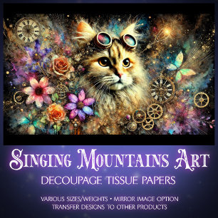 Steampunk-Blumen-Fantasie-Katzen-Porträt-Dekupage  Seidenpapier