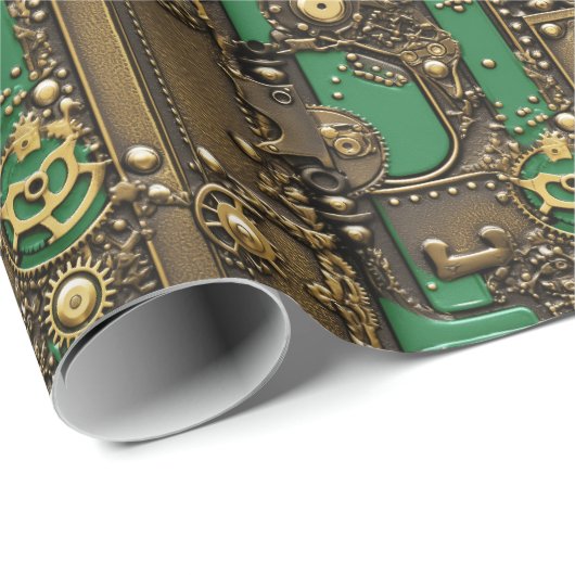 Steampunk Book Industrial Green Geschenkpapier (Rolleneckpunkt)