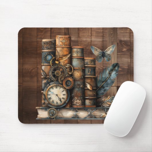 Steampunk Books Wood Background Mousepad (Mit Mouse)