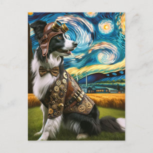 Steampunk Border Collie in der Sternennacht Postkarte