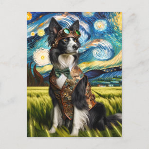Steampunk Border Collie in der Sternennacht Postkarte