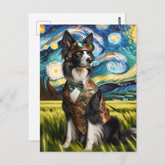 Steampunk Border Collie in der Sternennacht Postkarte (Vorne/Hinten)