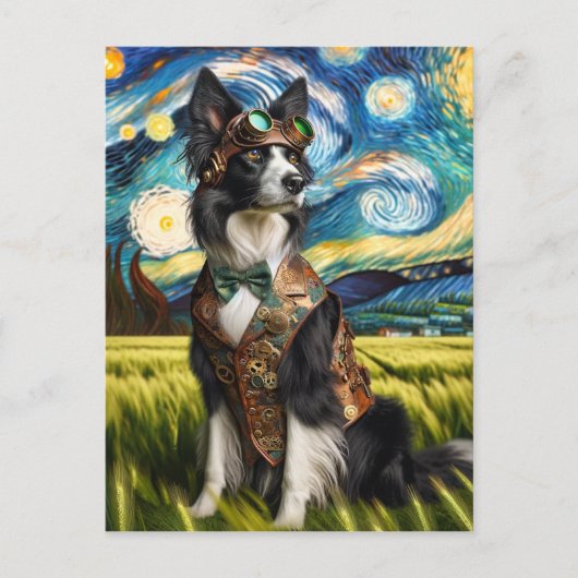 Steampunk Border Collie in der Sternennacht Postkarte (Vorderseite)