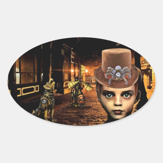 Steampunk Boy and Robot Dog sci fantasy art Ovaler Aufkleber (Vorderseite)