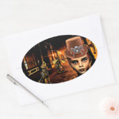 Steampunk Boy and Robot Dog sci fantasy art Ovaler Aufkleber (Umschlag)