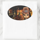 Steampunk Boy and Robot Dog sci fantasy art Ovaler Aufkleber (Tasche)