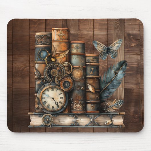 Steampunk-Bücher Holz Hintergrund Mauspad (Vorne)