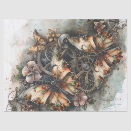Steampunk Butterflies Florals und Gears Decoupage Seidenpapier (Vorderseite)