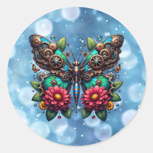 Steampunk Butterfly mit Gänsen und Blume Runder Aufkleber (Vorderseite)