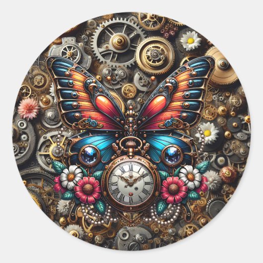 Steampunk Butterfly und Pockletwatch Runder Aufkleber (Vorderseite)