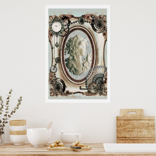 Steampunk Cameo Blue Poster (Küche)