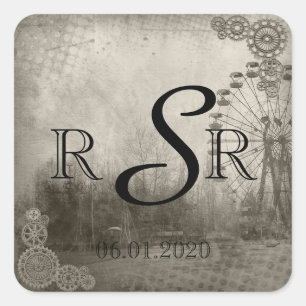 Steampunk Carnival Top Hat Wedding Monogram Quadratischer Aufkleber