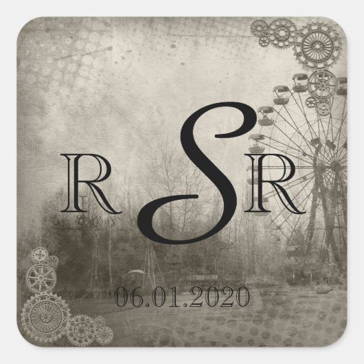 Steampunk Carnival Top Hat Wedding Monogram Quadratischer Aufkleber (Vorderseite)
