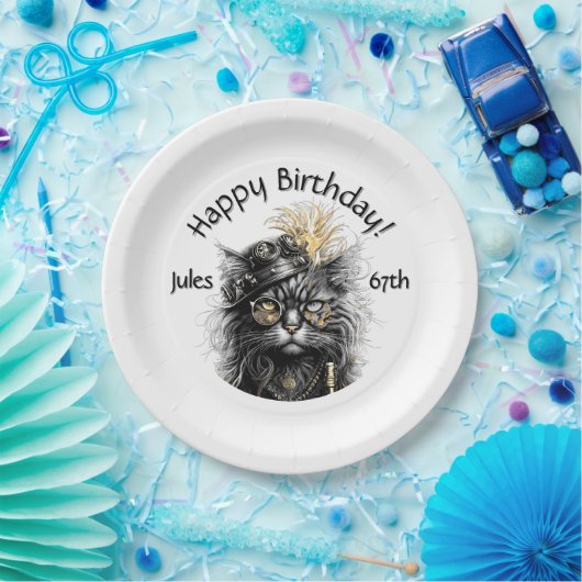 Steampunk Cat Birthday with Name n Age Pappteller (Party)