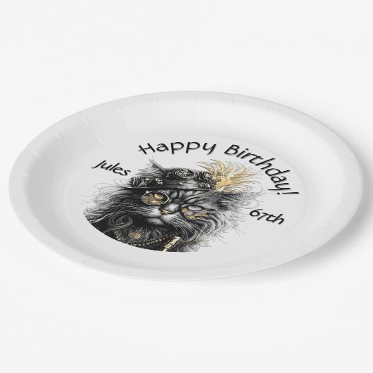 Steampunk Cat Birthday with Name n Age Pappteller (Schrägansicht)