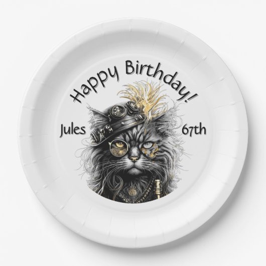 Steampunk Cat Birthday with Name n Age Pappteller (Vorderseite)