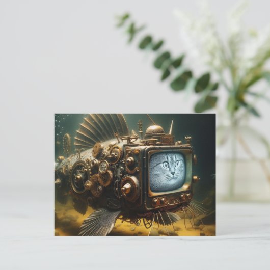 Steampunk Cat Fish Postkarte (Stehend Vorderseite)
