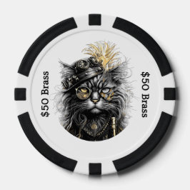 Steampunk Cat Gambles with Brass FUN Pokerchips